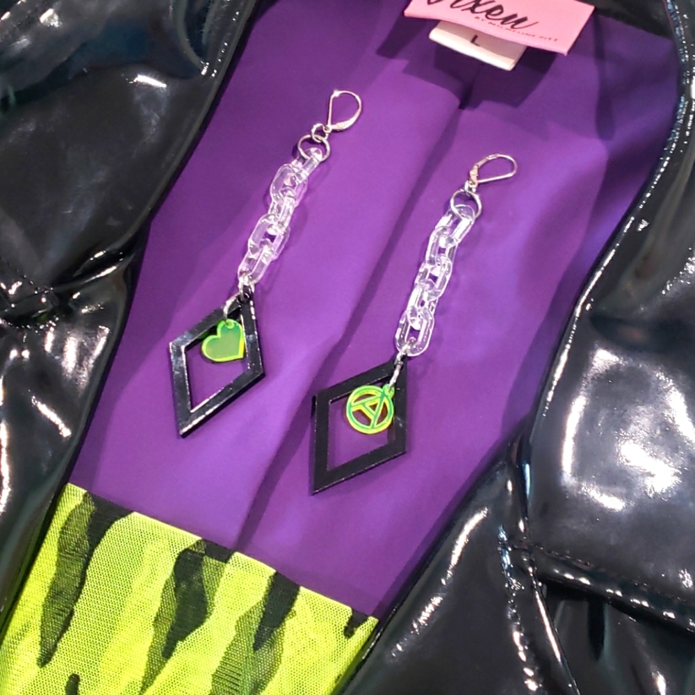 PUNK Dangle Earrings Neon Green and Clear Acrylic Chain